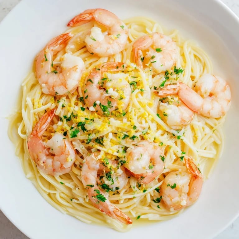 Saftige Shrimp Pasta mit Zitronenbutter-Sauce und Knoblauch-Aroma im Fokus.