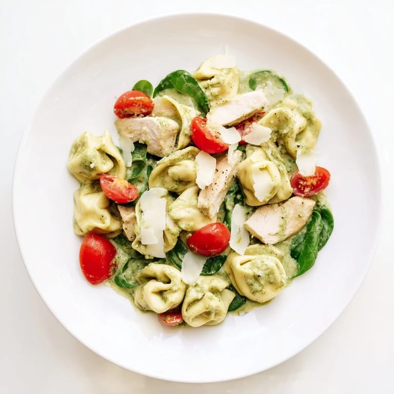 Leckerer Käse-Tortellini-Skillet mit cremiger Pesto-Sauce, Garnitur aus Basilikum und Kirschtomaten.