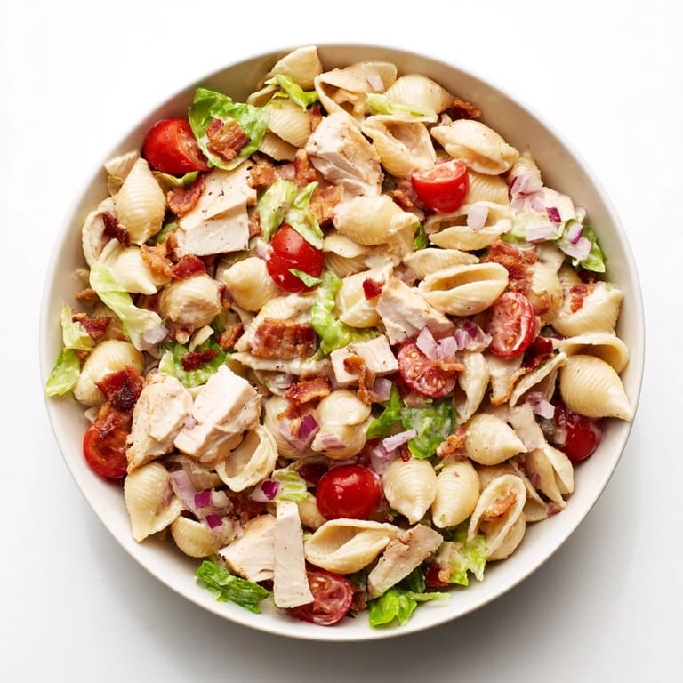 BLT Chicken Pasta Salad mit saftigen Tomaten, knackigem Salat und gewürztem Dressing auf rustikalem Holztisch serviert.  