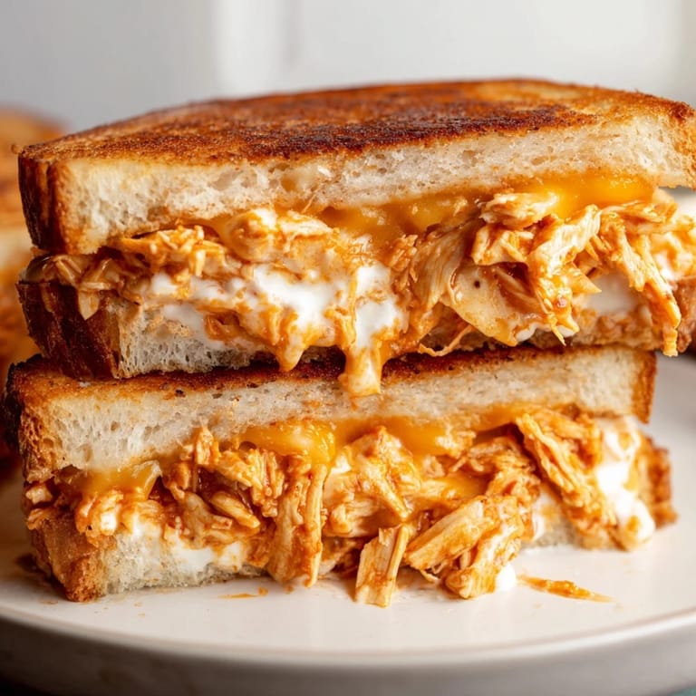 Geschmolzener Sharp Cheddar und würzige Buffalo-Hähnchenbruststücke pechen aus dem gebräuten Buffalo Chicken Ranch Grilled Cheese zwischen knuspriger Butter-Scheibe.  