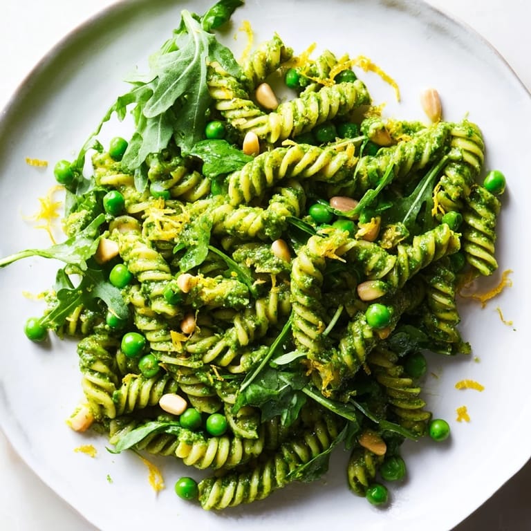 600 g gekochte Nudeln mit grünem Pesto, Erbsen und Rucola für eine leckere Beilage.