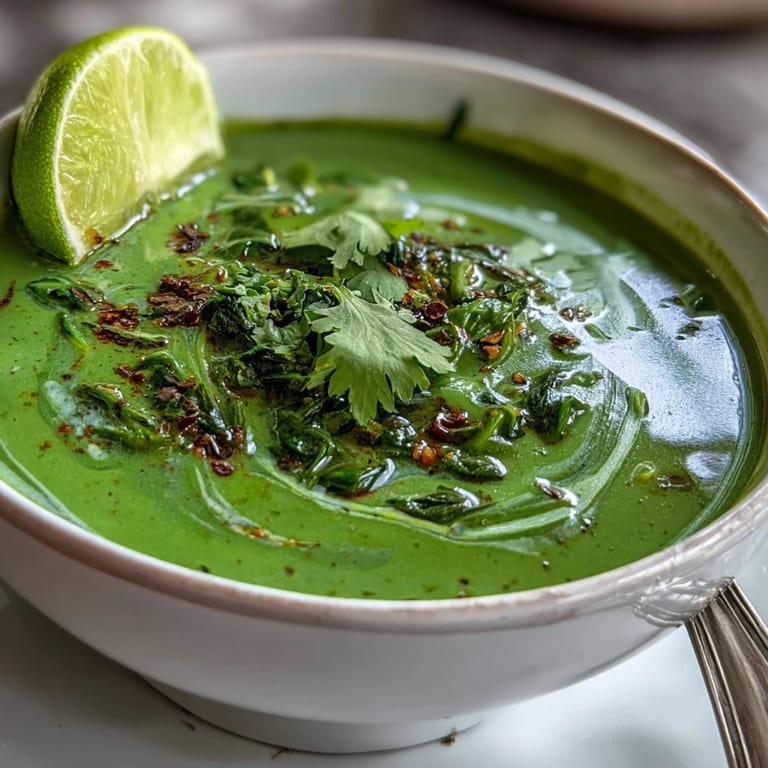 Helle Spinat Coriander Lemongrass Suppe mit lemongrass-würziger Note, serviert mit Korianderblättern und Limettenspalten.