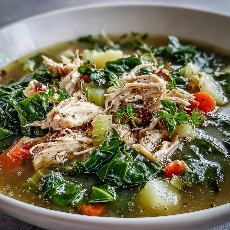 Vibrant collard greens and tender chicken simmer in this wholesome Collard Greens, Chicken and Vegetable Soup.