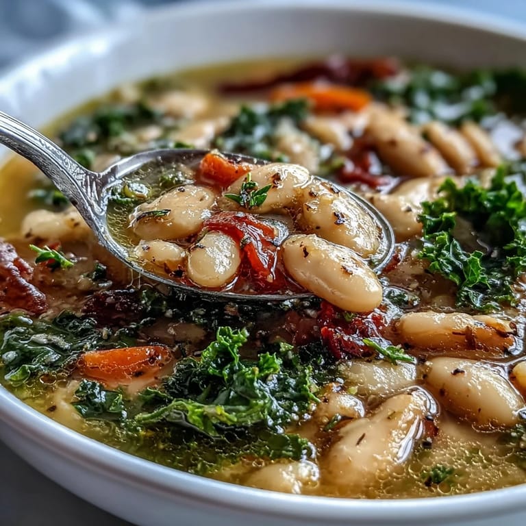 Eine dampfende Schüssel **Mediterrane Weiße Bohnen-Eintopf**, garniert mit glasierter Paprika und Petersilie, serviert mit Zitronenspalten.  