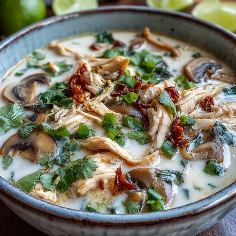 Hearty Authentic Tom Kha Gai served in a white bowl with jasmine rice, topped with green onions and fresh herbs.