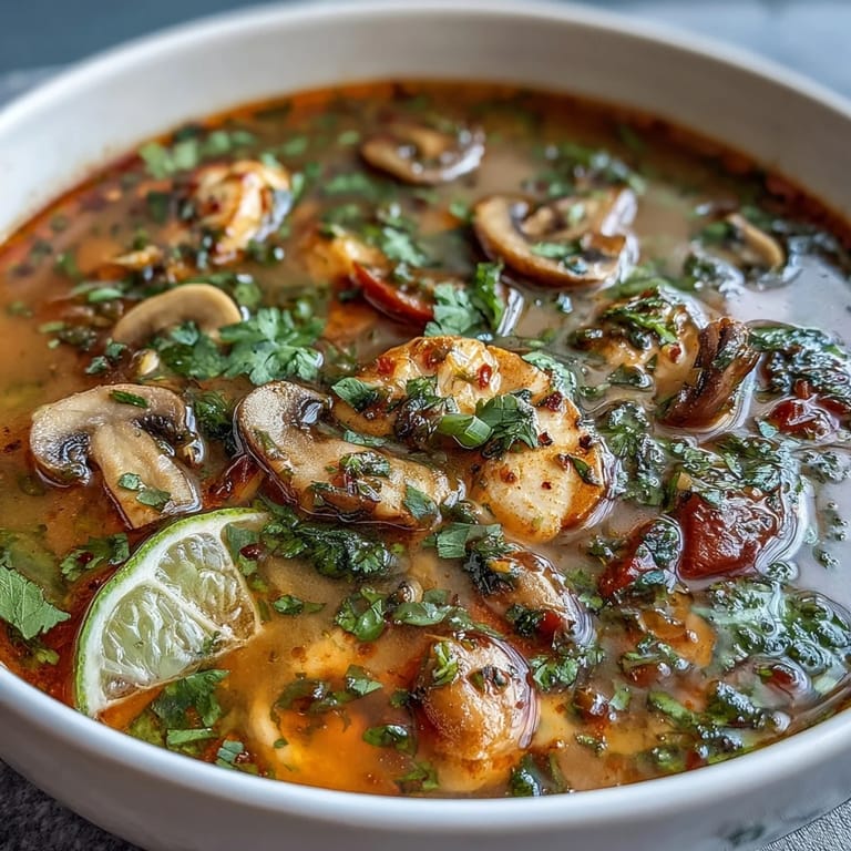Frisch zubereitetes Tom Yum Gai mit Koriander garniert, serviert in einer Schüssel neben einer Limette.