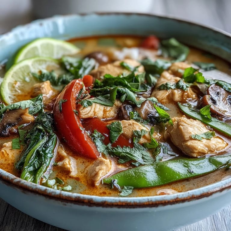 Spicy Thai Chicken Coconut Curry Soup garnished with Thai basil and sliced chilies, paired with a crisp Riesling wine