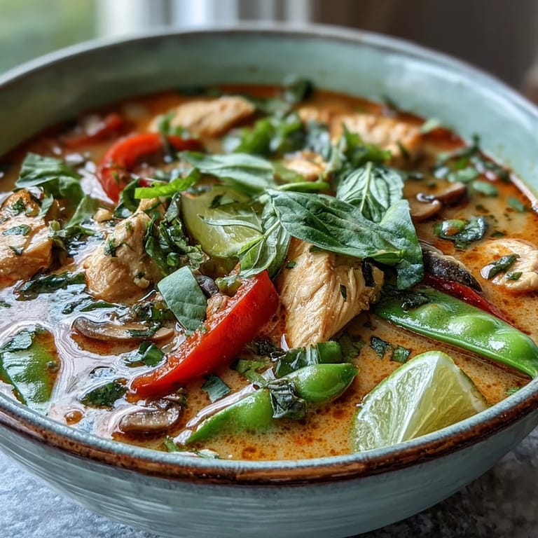 A vibrant bowl of Thai Chicken Coconut Curry Soup with red bell peppers, mushrooms, and snow peas beside chopsticks