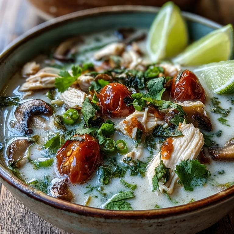 Steaming Best Ever Tom Kha Gai Soup featuring mushrooms, tomatoes, and fragrant lemongrass in a ceramic bowl.