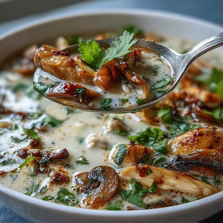 Steaming Tom Kha Soup bowl garnished with cilantro and fresh lime wedges.