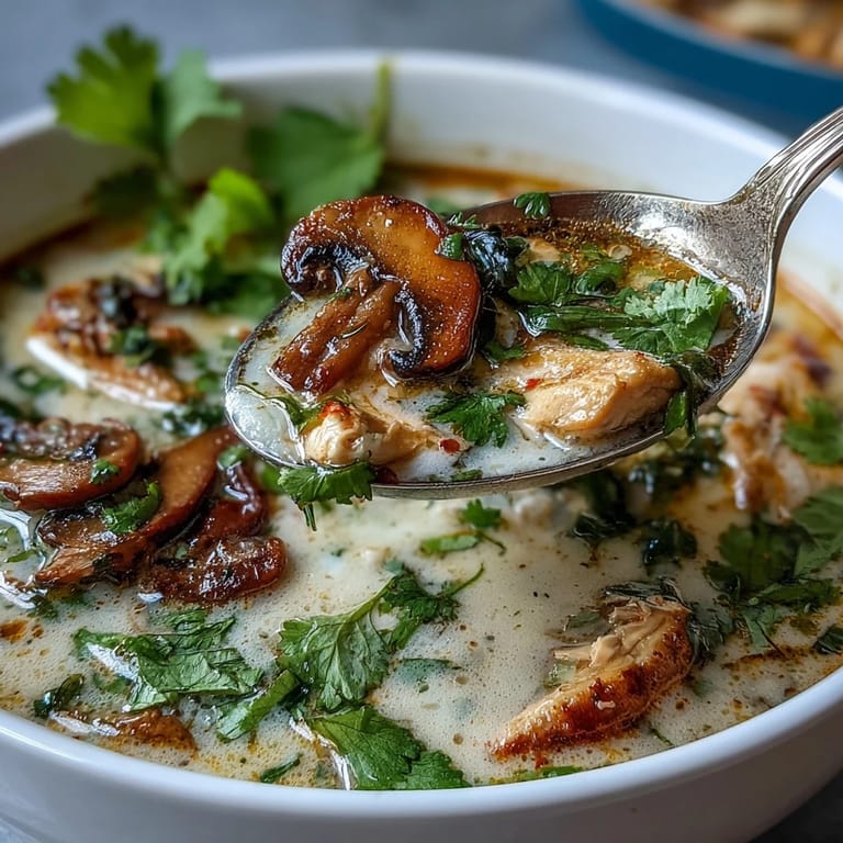 Aromatic Thai Tom Kha Soup with chicken and mushrooms, ready to serve.