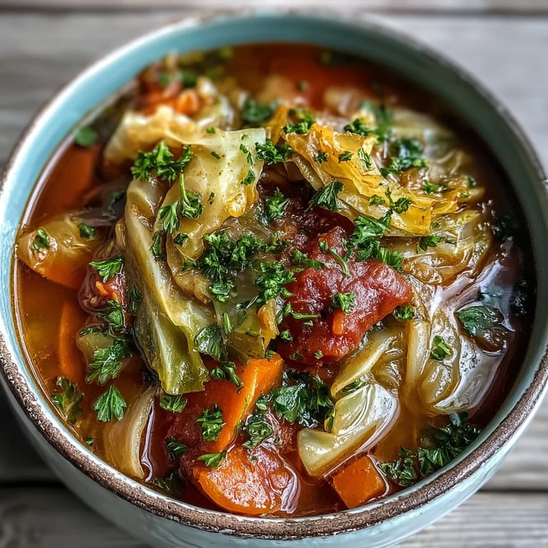 Ein Teller fertige Classic Cabbage Soup garniert mit frischer Petersilie und einer Scheibe dunklem Brot.