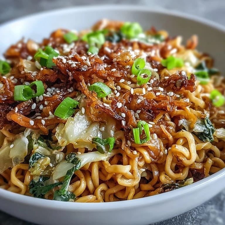 Savory Fried Cabbage Ramen tossed in a glossy sauce, served steaming in a bowl.