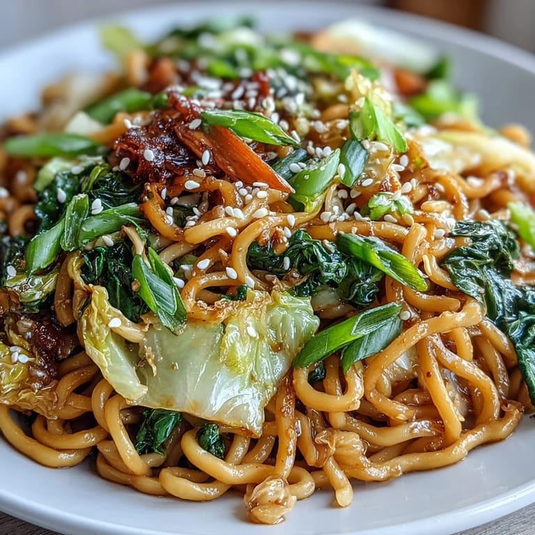 Quick Fried Cabbage Ramen with ramen noodles, sesame, and chili flakes topped with scallions.
