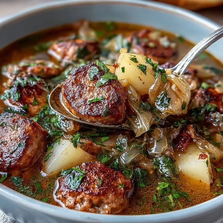 Ein Topf mit hausgemachter Sausage, Potato and Cabbage Soup, frisch mit Lauch und Karotten belegt.