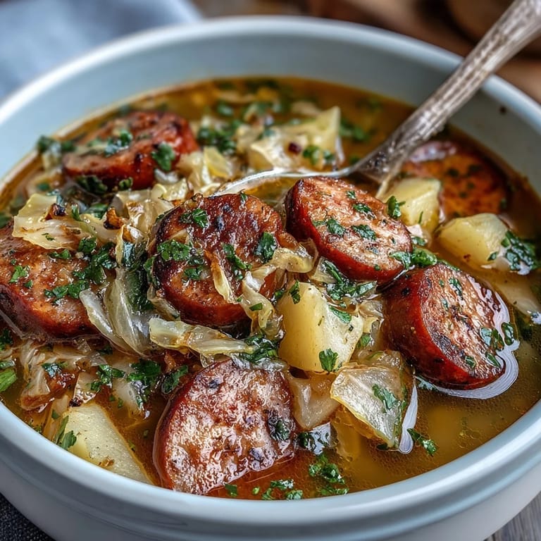 Tröstliche Sausage, Potato and Cabbage Soup mit Wurst und Kartoffeln, serviert mit Brot für US-Foodies.