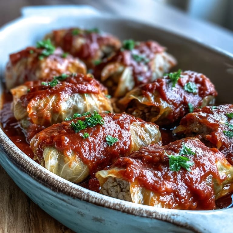 Gefüllte Kohlrouladen mit saftiger Hackfleisch- und Reismischung, übergossen mit einer köstlichen Tomatensauce und frischem Koriander garniert.