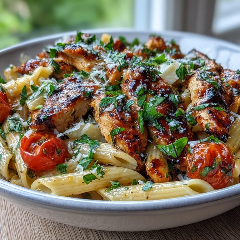 Goldbraun gebratenes Hähnchenfilet auf Al-dente-Pasta mit glasigen Zwiebeln und knusprigem Balsamico-Topping.