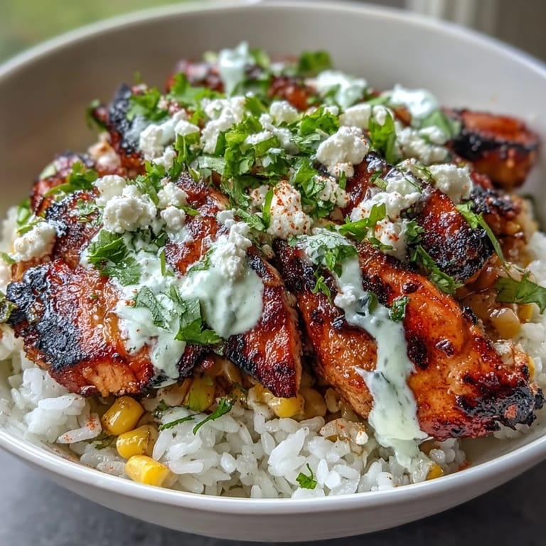 Gepfefferte Hähnchenstreifen und krosser, rauchiger Mais auf fluffigem Reis in den Street Corn Chicken and Rice Bowls.