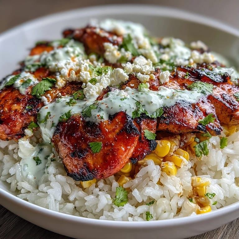 Saftiges Hähnchen, cremige Crema und salziger Cotija-Käse über duftendem Reis in den Street Corn Chicken and Rice Bowls.