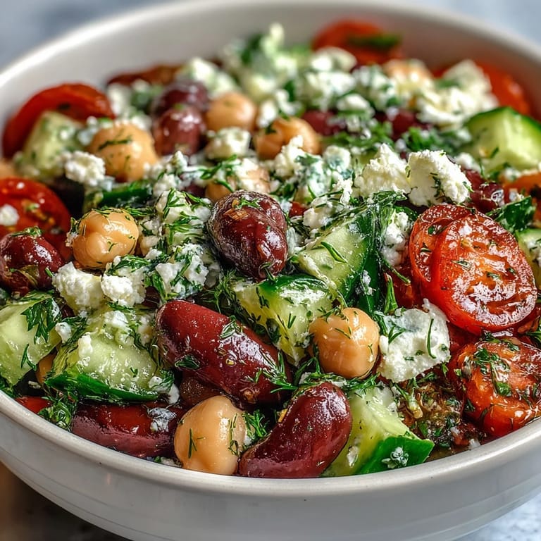 Fresh Mediterranean Greek Bean Salad with Lemon Marinated Beans tossed with olives, tomatoes, and herbs.