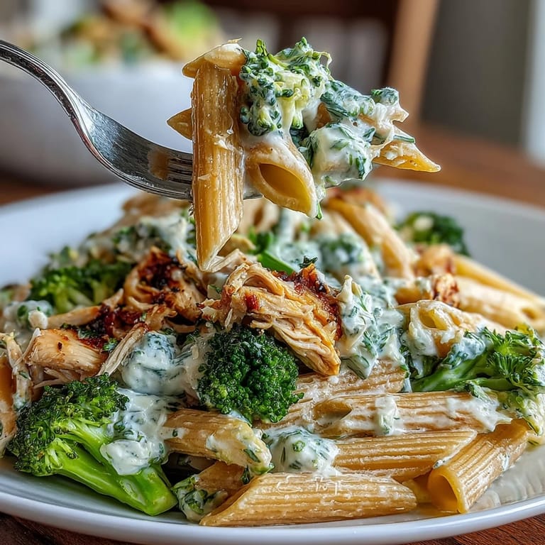 High Protein Rotisserie Chicken Broccoli Pasta: al dente Vollkornpenne mit garniertem Hähnchen und Brokkoli in einer Zitronen-Knoblauch-Sauce