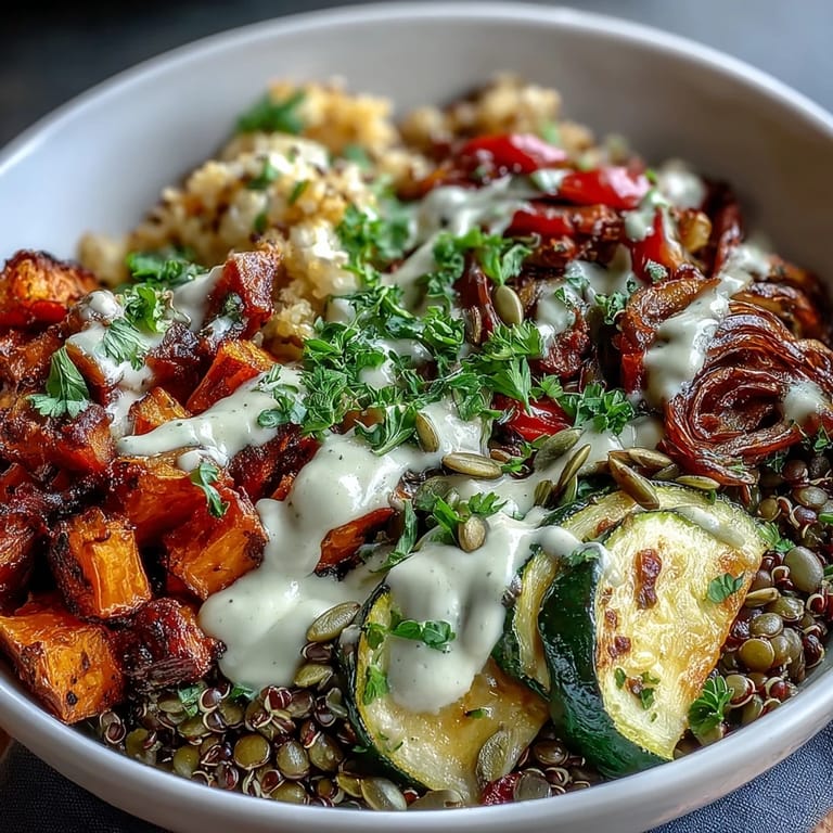 Sättigende Lentil Power Bowl mit Kürbiskernen und Petersilie belegt.