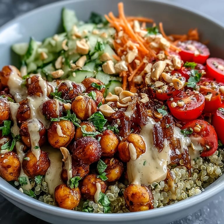 A vibrant Peanut Chickpea Protein Bowl with roasted chickpeas, fresh veggies, and creamy sauce, ready to serve.