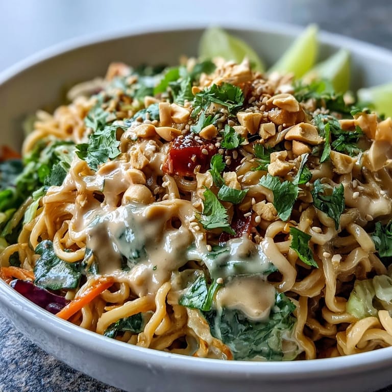 Gebackenes Asian Peanut Noodle Bowl auf Pastellteller mit Limetten und frischem Koriander.