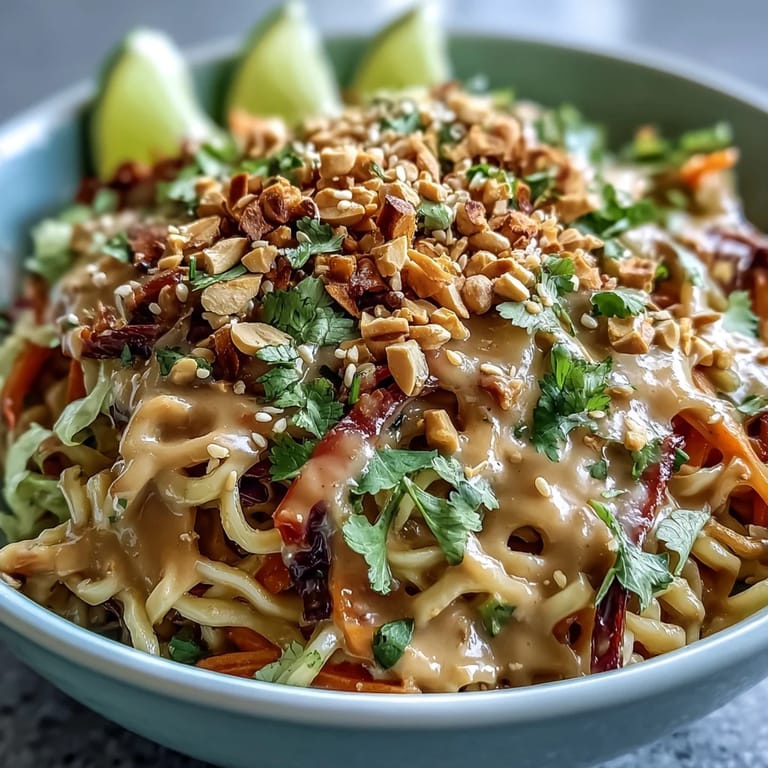 Warmes Asian Peanut Noodle Bowl auf dunklem Teller mit Sesam und Erdnüssen bestreut.