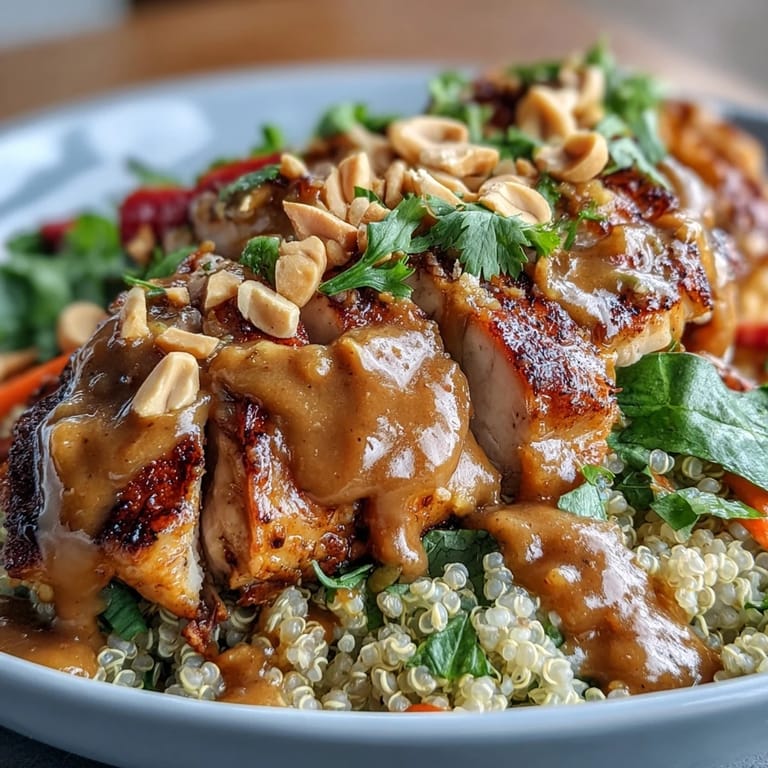 Colorful Peanut Chicken Power Bowl topped with sliced chicken, crunchy veggies, and chopped peanuts.