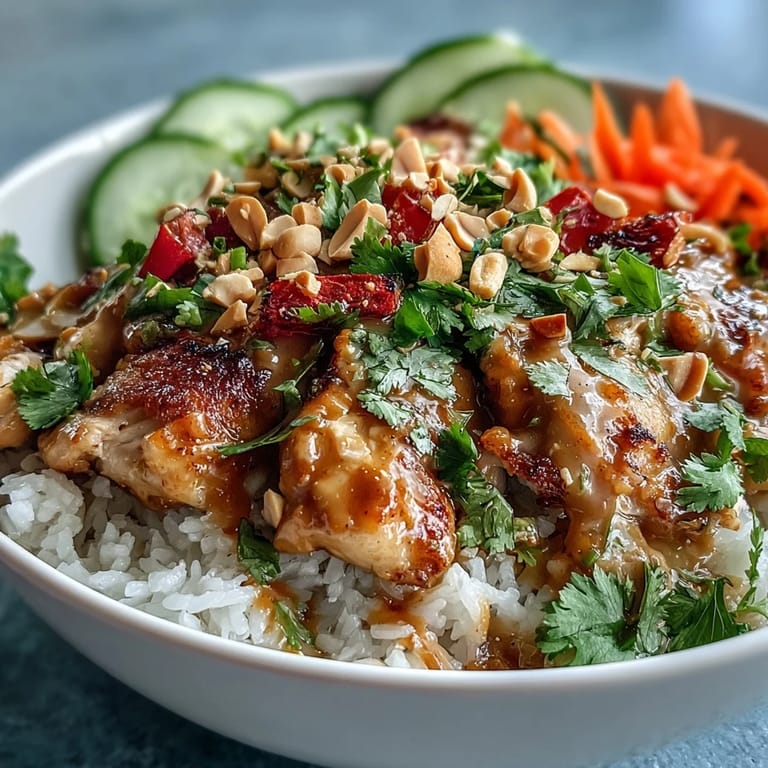 Colorful Thai Peanut Chicken Bowl garnished with cilantro, peanuts, and lime wedges for serving.