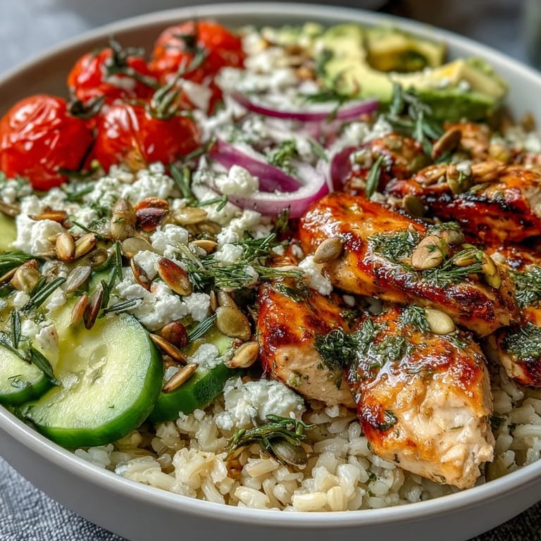 Genussvolle Grain Bowl mit knusprigem Hühnchen, knackigem Gurkensalat und gerösteten Kürbiskernen, serviert mit cremiger Avocado und Dressing.