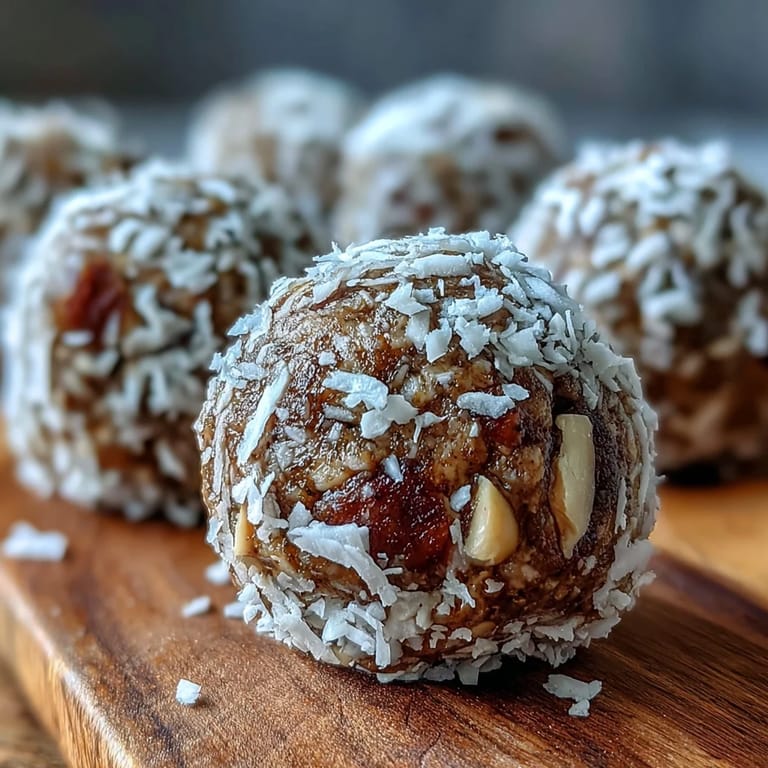 Makroaufnahme von geformten Hojicha Energy Balls mit feinem Teepulver und Schokoladenchips.