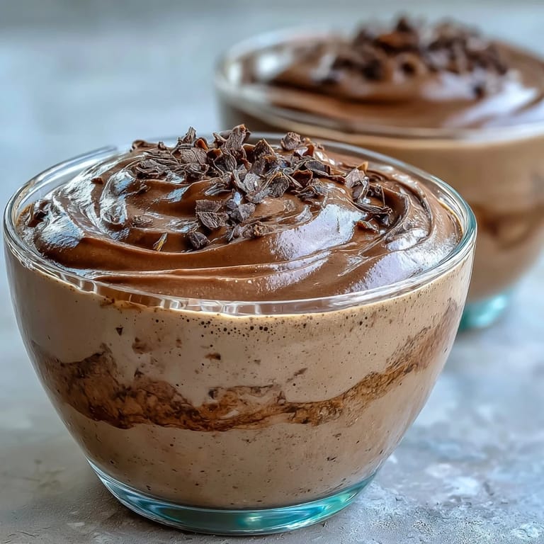 Hojicha Mousse in Ramekin mit zarter Gischtkrone, fein bestäubt mit Kakaonibs für Bitterschokolade-Kontrast.