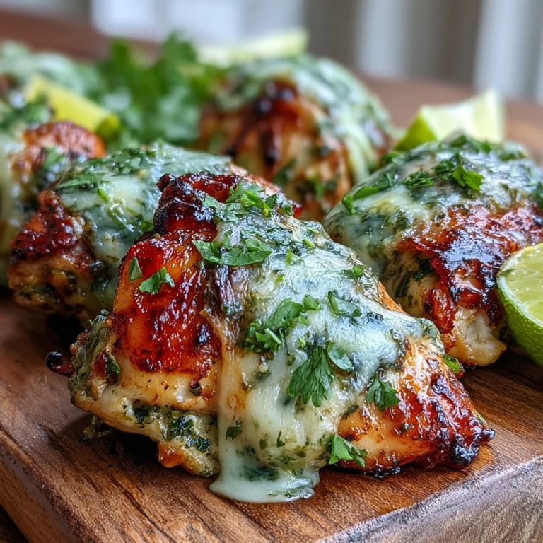Grilled Salsa Verde Pepper Jack Chicken topped with bubbling pepper Jack cheese, resting beside charred grill marks.