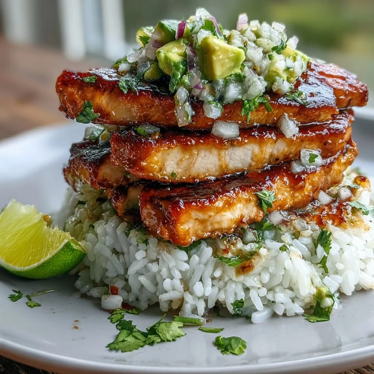 Honey Lime Chicken & Avocado Rice Stack serviert mit Limettenkeil und roten Zwiebeln für einen frischen, süß-sauren Geschmackskick.