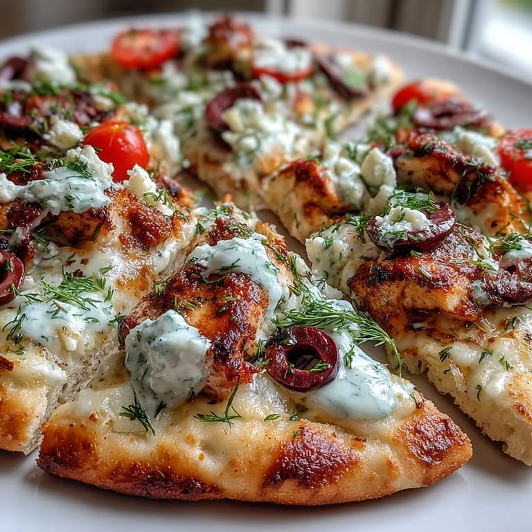 Leckere Lemon Feta Chicken Naan Pizza mit knusprigem Naan, Käse, Zwiebeln und einem spritzigen Tzatziki-Dip.