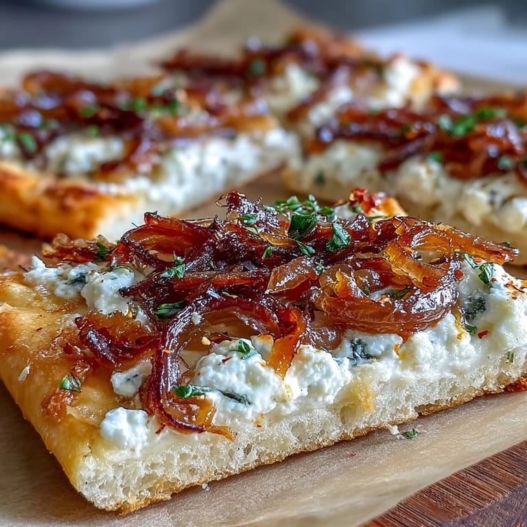 Auf einer Flammkuchenbasis liegt cremiger Ziegenkäse, bedeckt mit süßen karamellisierten Zwiebeln und einem Honig-Tropfen mit Chilinote.