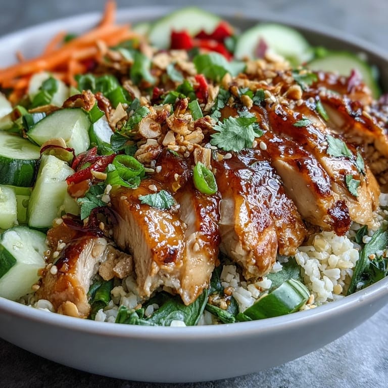 Warm Mediterranean-Asian Sesame Ginger Chicken Couscous Bowls served with bright vegetables.