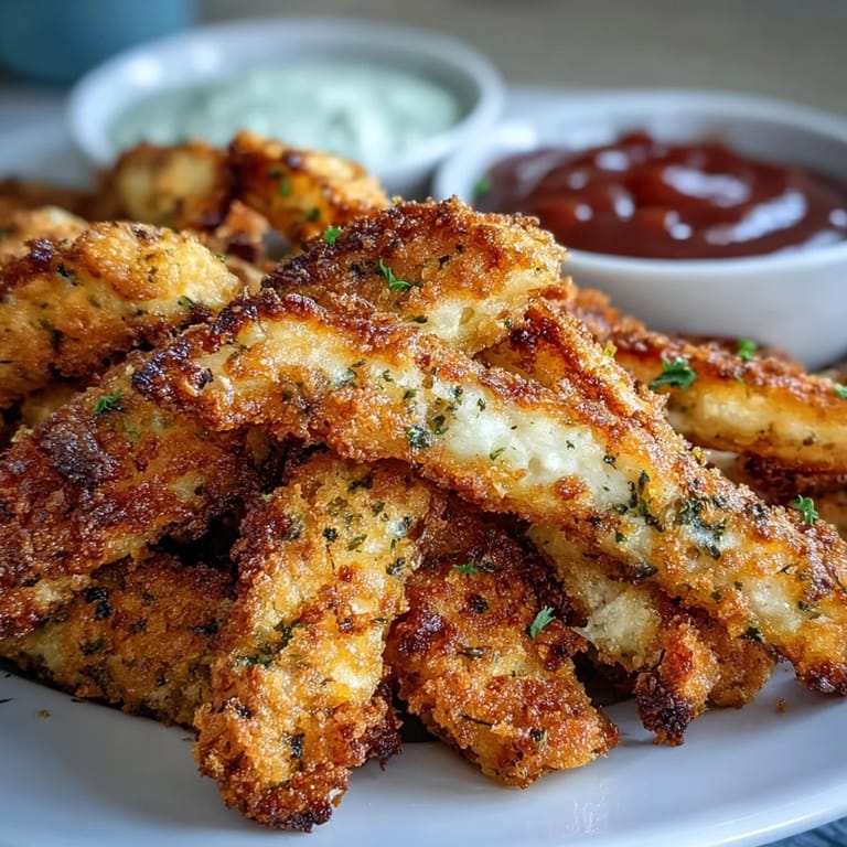 Saftige Hähnchenstreifen als Fri gebacken mit Käsekruste, serviert mit Marinara zum Dippen.