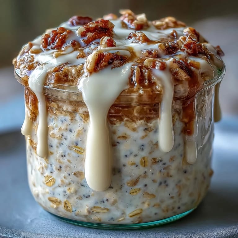 A spoon lifting a creamy serving of High-Protein Cinnamon Roll Overnight Oats, showing layered oats and a luscious cream cheese drizzle, perfect for a quick high-protein breakfast.