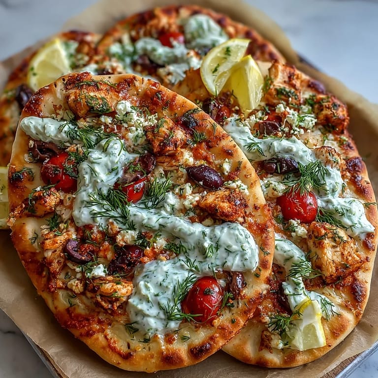 Leckere Lemon Feta Chicken Naan Pizza mit saftigem Zitronen-Hähnchen, cremigem Feta und Kalamata-Oliven auf knusprigem Naan, übergossen mit Tzatziki und frischem Dill.