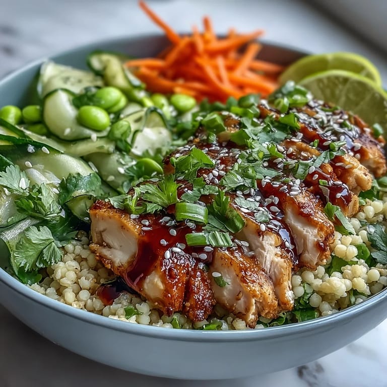 Ein Top-View von Sesame Ginger Chicken Couscous Bowls mit goldbraunem Hähnchen, perlendem Couscous und würziger Sesam-Ginger-Dressing-Drizzle.