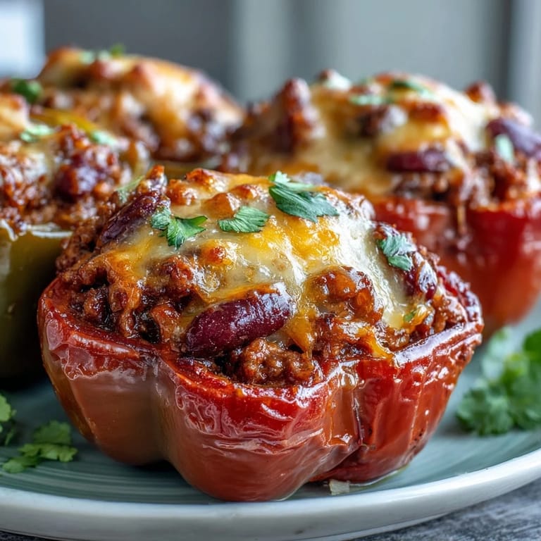 Goldbraune Baked Chili Mac Stuffed Peppers auf einem rustikalen Teller, serviert mit frischer Petersilie