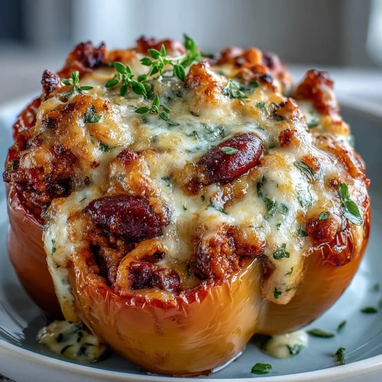 Herzhafte Baked Chili Mac Stuffed Peppers in Paprikaschoten, dampfend und überbacken mit Käse im US-Stil
