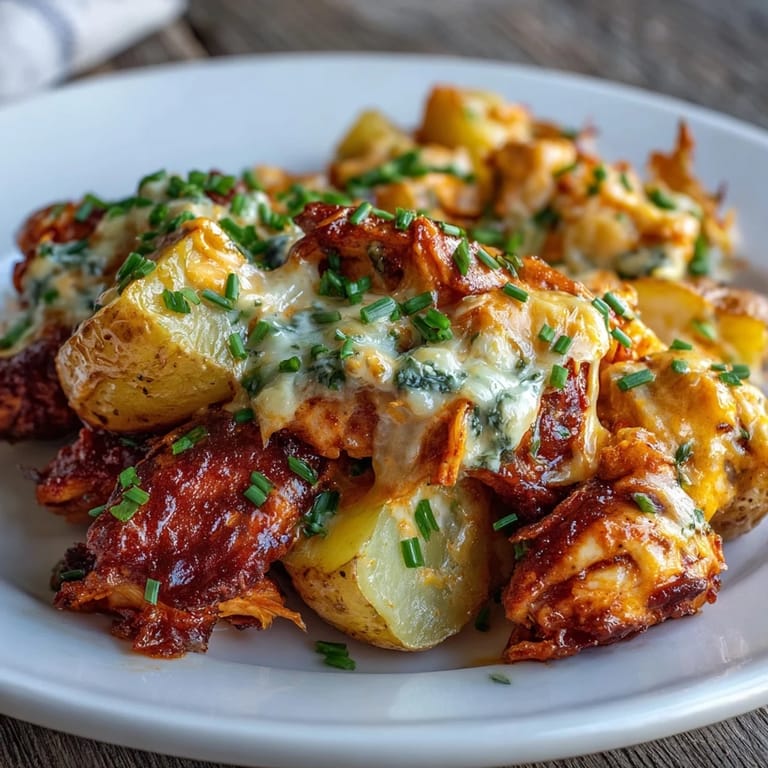 Eine gemütliche Auflaufform mit würziger Buffalo-Sauce, frischen Kräutern und würzigen Kartoffelhälften.