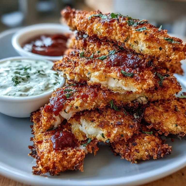 Gebackene Crispy Baked Chicken Parmesan Fries mit knuspriger Panade und Parmesan, gereicht mit Dip-Schälchen.