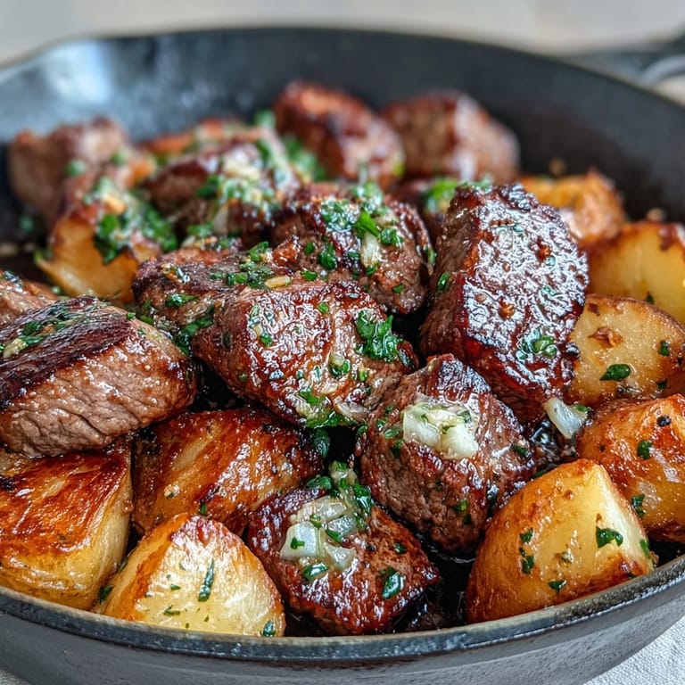 Garlic Butter Steak & Potato Skillet mit saftigen Rindfleischwürfeln und goldbraunen Babykartoffeln, perfekt für ein Abendessen.