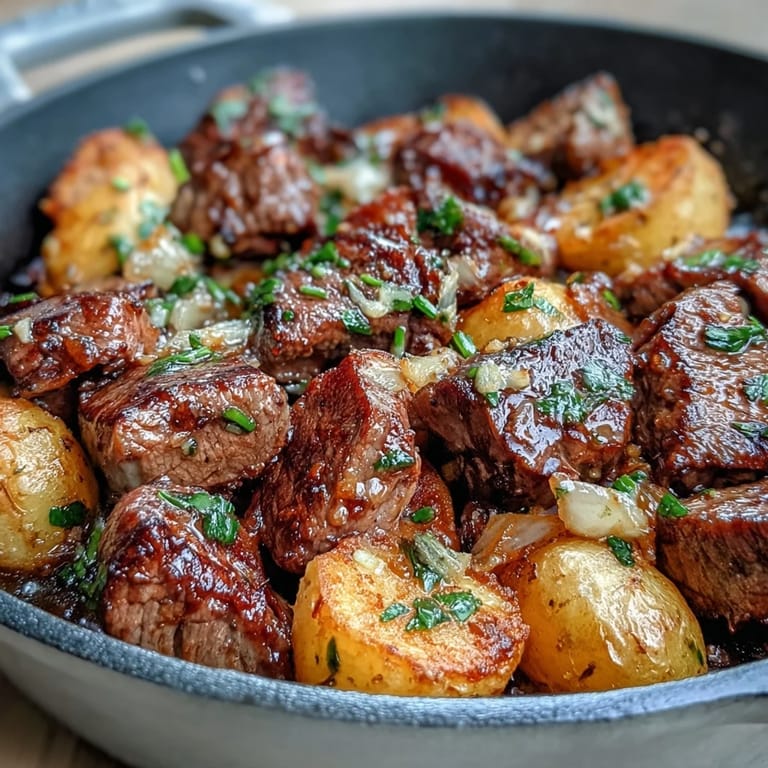 Eine rustikale Pfanne voller Garlic Butter Steak & Potato Skillet, gewürzt mit Knoblauch und Kräutern, direkt vom Herd.